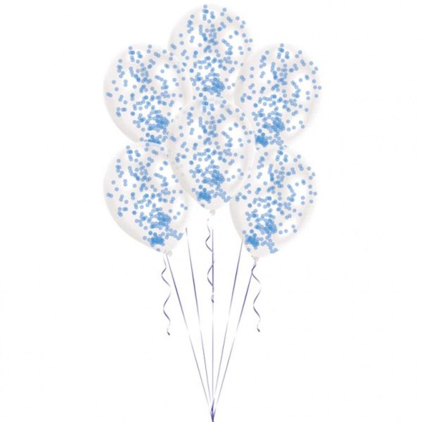 Blue Confetti Filled Transparent Latex Balloons 6pcs For Discount