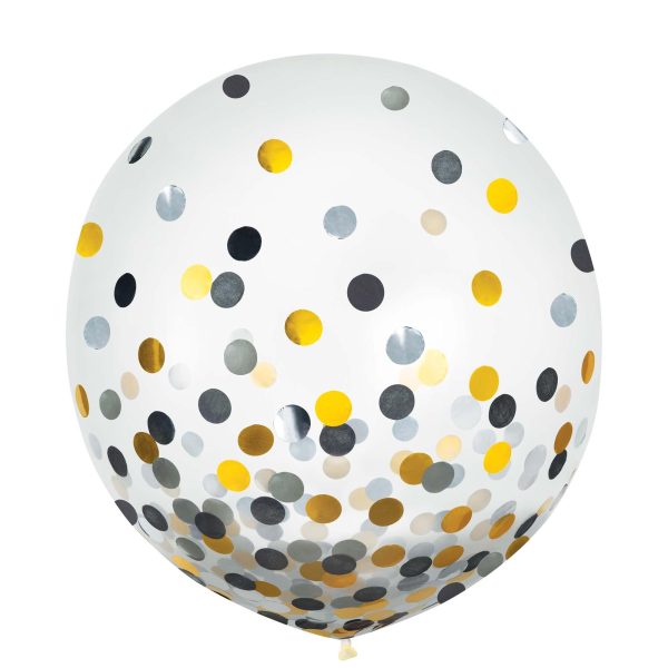 Black, Silver, & Gold Latex Confetti Balloons 24in, 2pcs Supply