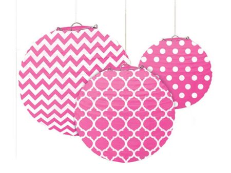 Bright Pink Dots & Chevron Round Paper Lanterns 3pcs Hot on Sale