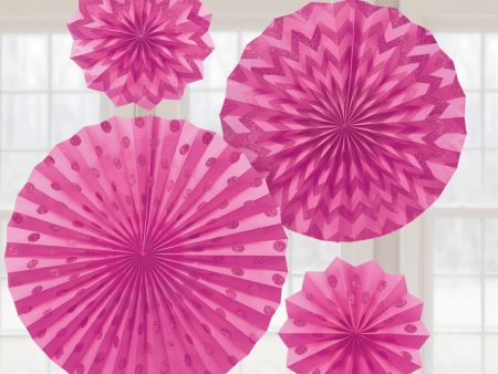 Bright Pink Glitter Paper Fans 4pcs Hot on Sale